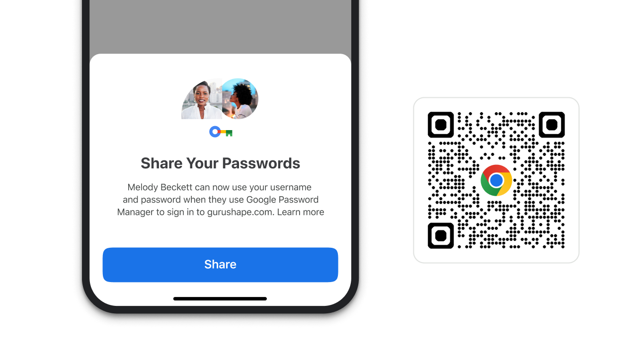 A module in Chrome that allows you to share passwords. Next to the module, is a QR code that can be used to download Chrome.